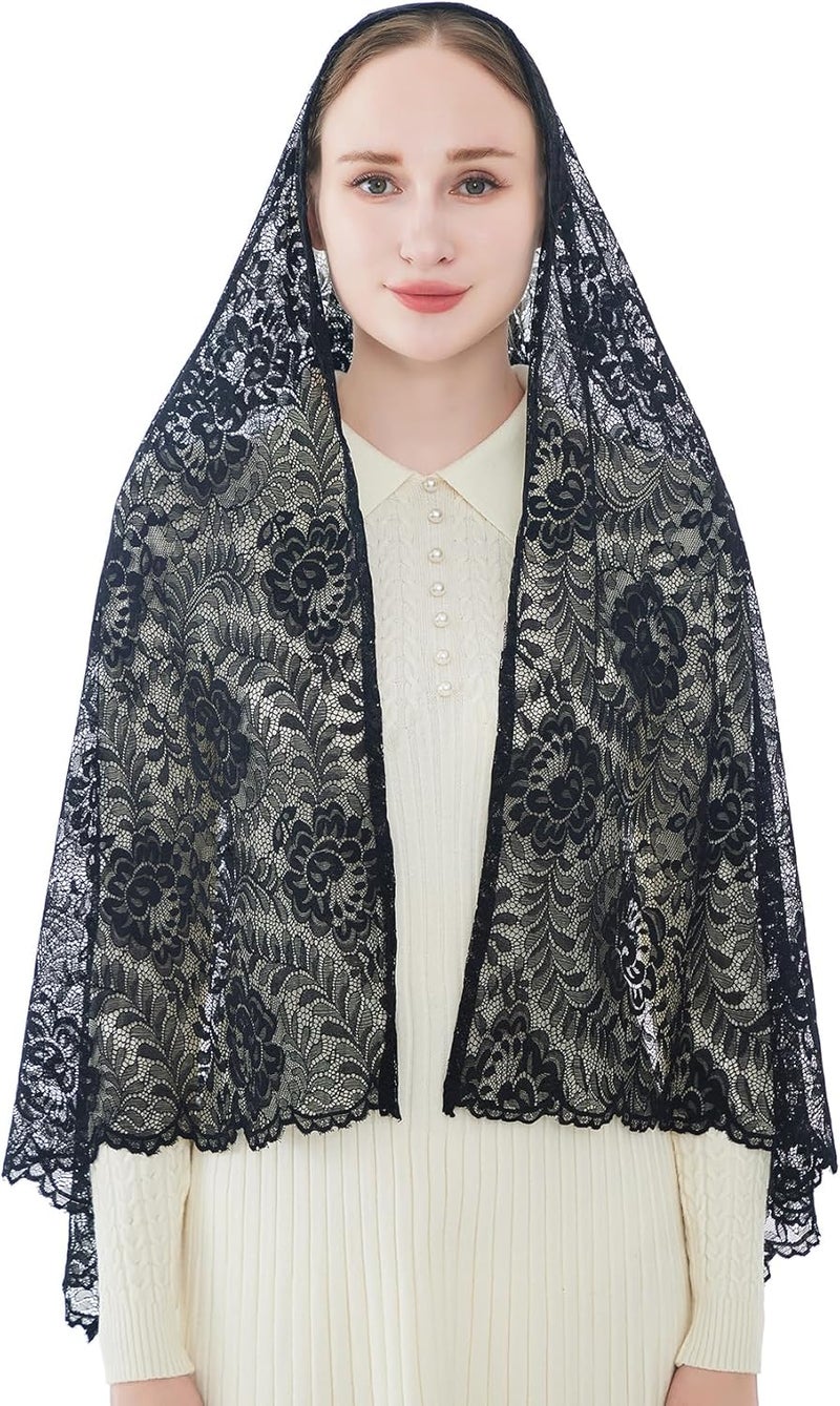 Wgior Elegant Floral Catholic Church Veil, Soft Mantilla Chapel Prayer Scarf Wrap Shawl Headscarf - Image 1